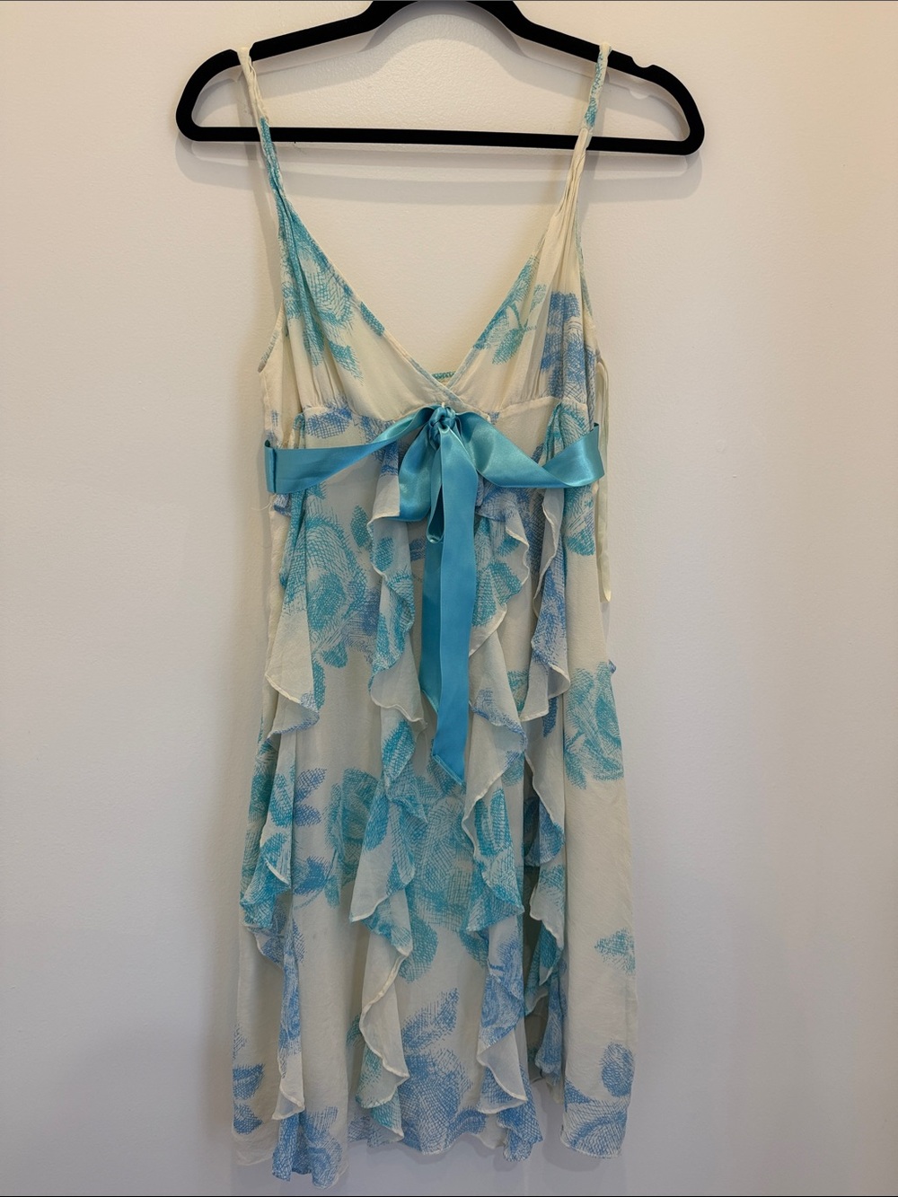 BCBGMaxAzria Cream and Aqua Ruffle Midi Dress with Satin Waist Tie